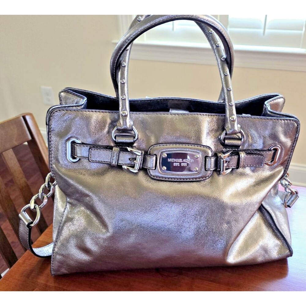 Michael Kors Hamilton Silver Metallic Satchel Shoulder Bag Leather